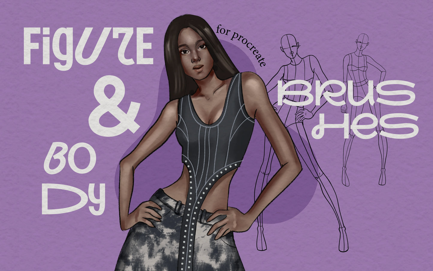 FUPstudio Figure and Body Procreate Brushes cover, purple banner with fashion figure illustration and pose sketches, Procreate Brushes for body poses, figure studies, and fashion illustration.