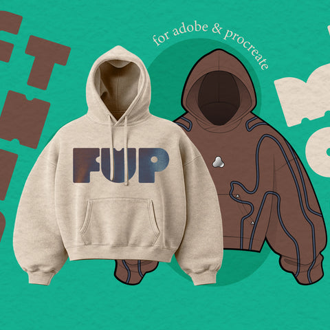 FUPstudio clothing mockups cover, hoodie photo mockup next to a vector hoodie flat on teal background, “Clothing Mockups” text, for Adobe and Procreate, streetwear mockups and tech pack.