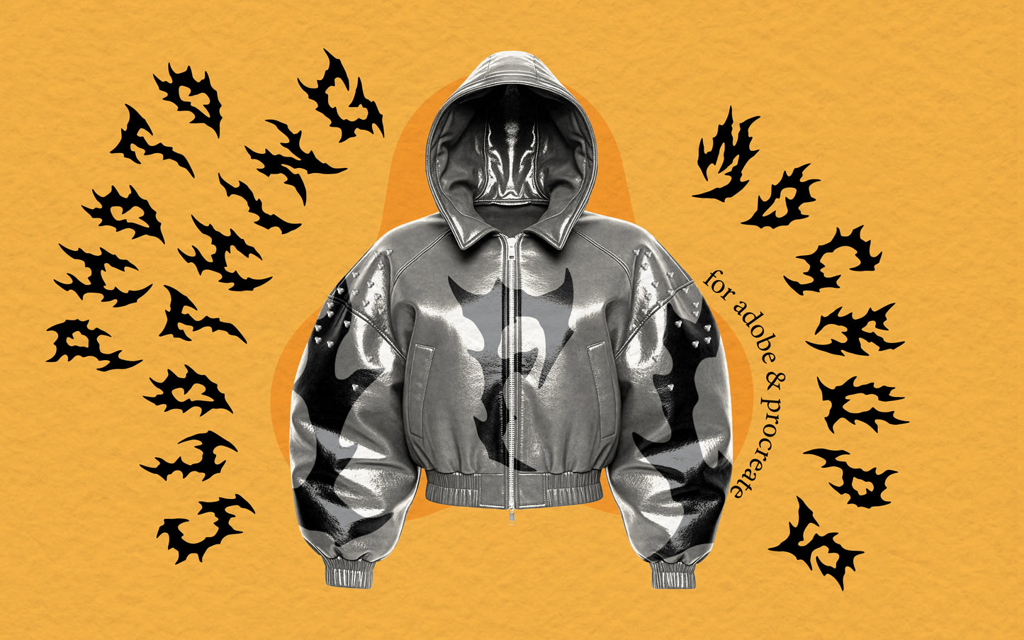 FUPstudio photo clothing mockup, hooded leather jacket on orange, streetwear mockups for tech packs, Adobe and Procreate.