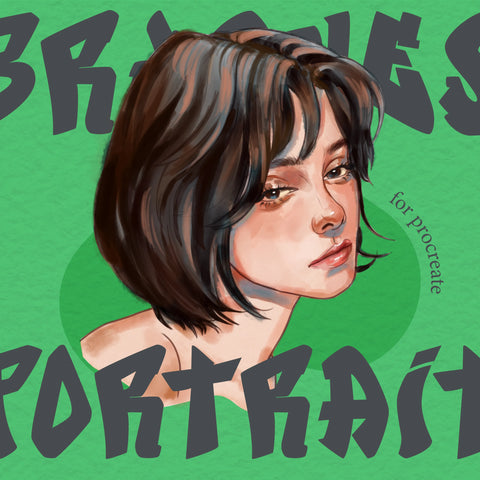 FUPstudio Portrait Procreate Brushes cover, green banner with hand drawn female portrait illustration and “Portrait” text, Procreate Brushes for portrait drawing and digital art.