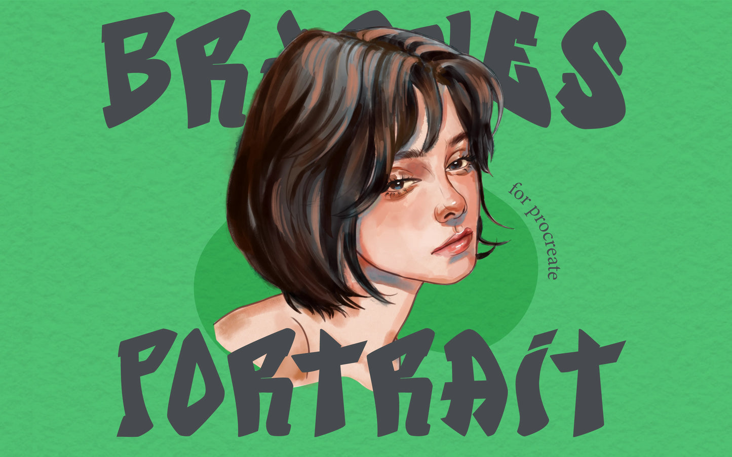 FUPstudio Portrait Procreate Brushes cover, green banner with hand drawn female portrait illustration and “Portrait” text, Procreate Brushes for portrait drawing and digital art.
