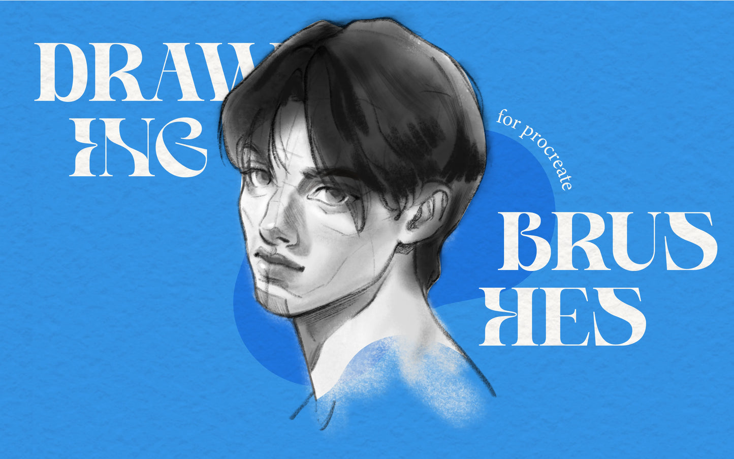 FUPstudio drawing Procreate brushes cover, blue banner with hand drawn portrait illustration, Procreate Brushes for sketching, line art, inks, markers, and digital art.