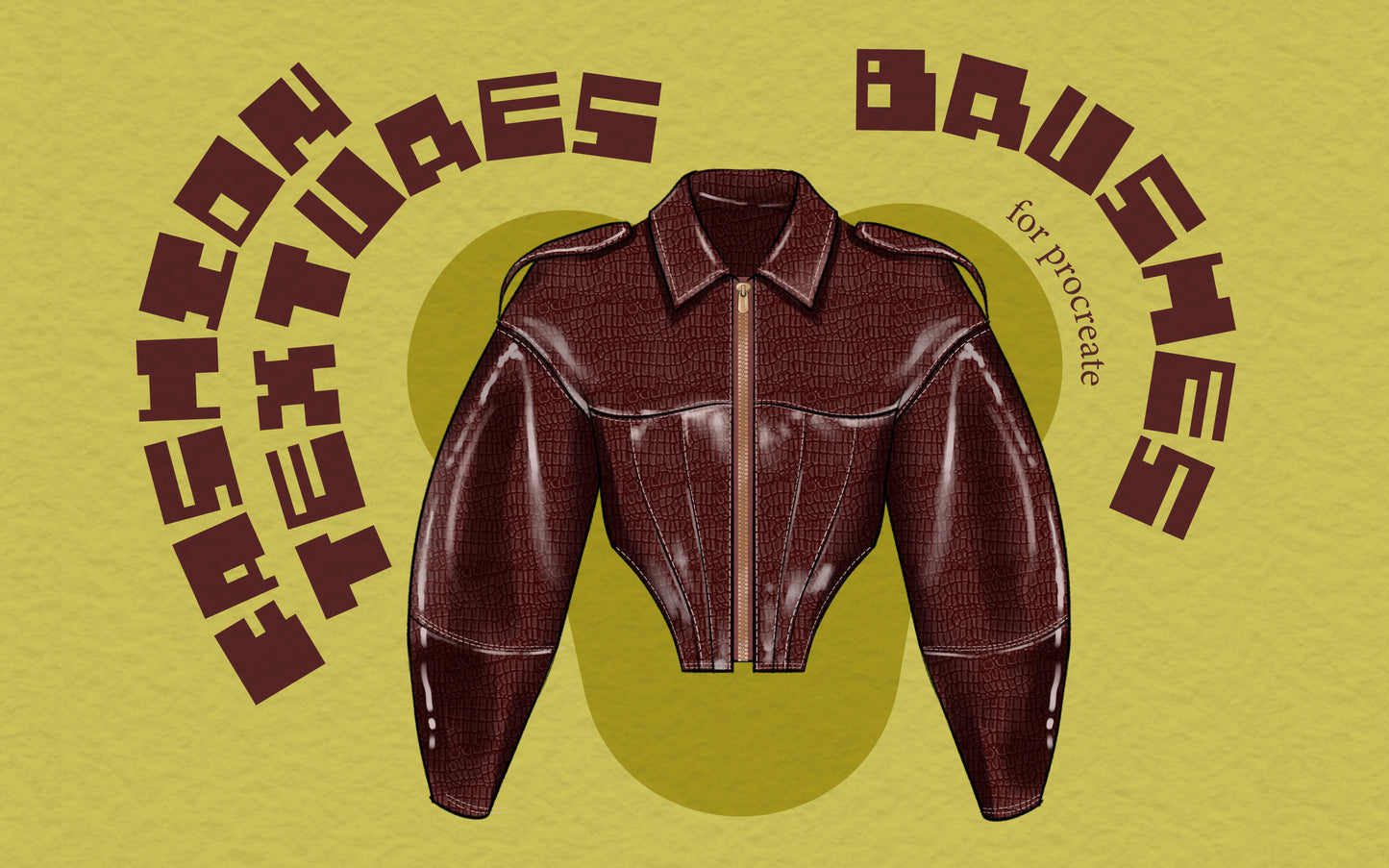 FUPstudio Fashion Textures Procreate Brushes cover, leather jacket illustration on yellow background, Procreate Brushes for fabric textures like denim, knit, lace, silk, fur, and grunge.