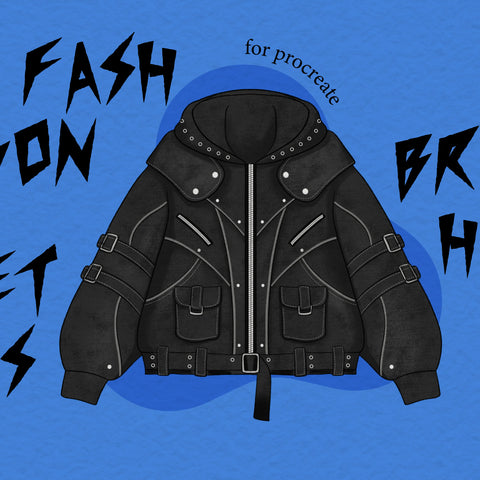 FUPstudio Fashion Details Procreate Brushes cover, black technical jacket illustration on blue background, Procreate Brushes for zippers, stitches, rips, chains, ruffles, buttons, and jewelry details.