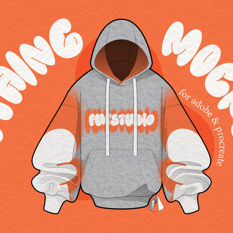 FUPstudio Vector Clothing Mockups cover, hoodie flat illustration on orange background with “clothing mockups” text, vector mockups for fashion design and tech packs, for Adobe and Procreate.