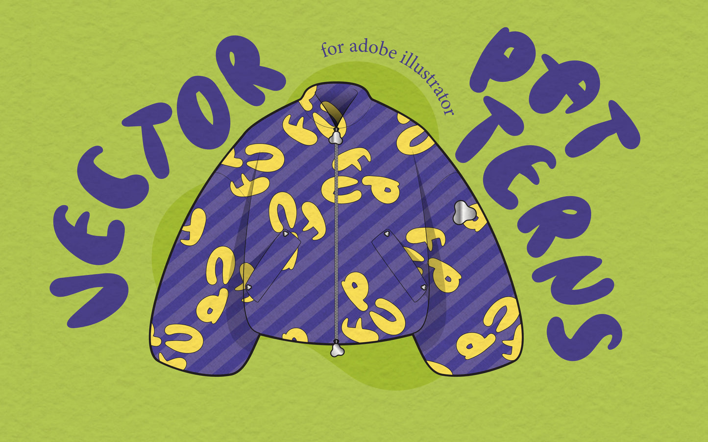 FUPstudio vector patterns cover, cropped jacket flat with purple stripes and yellow abstract print on green background, “Vector Patterns” text, for Adobe Illustrator.