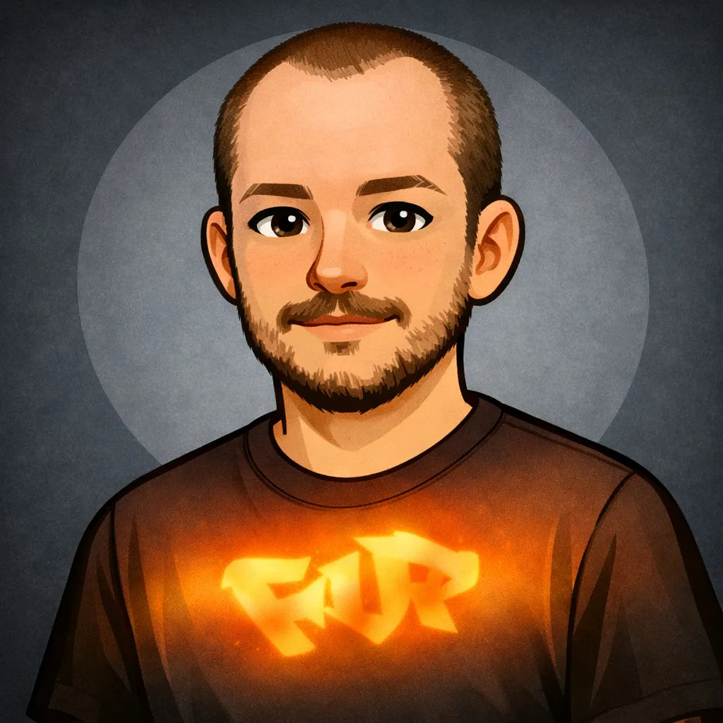 FUPstudio team portrait illustration of Ilya, Head Fashion Designer, wearing a dark t shirt with FUP graphic, the fashion master.
