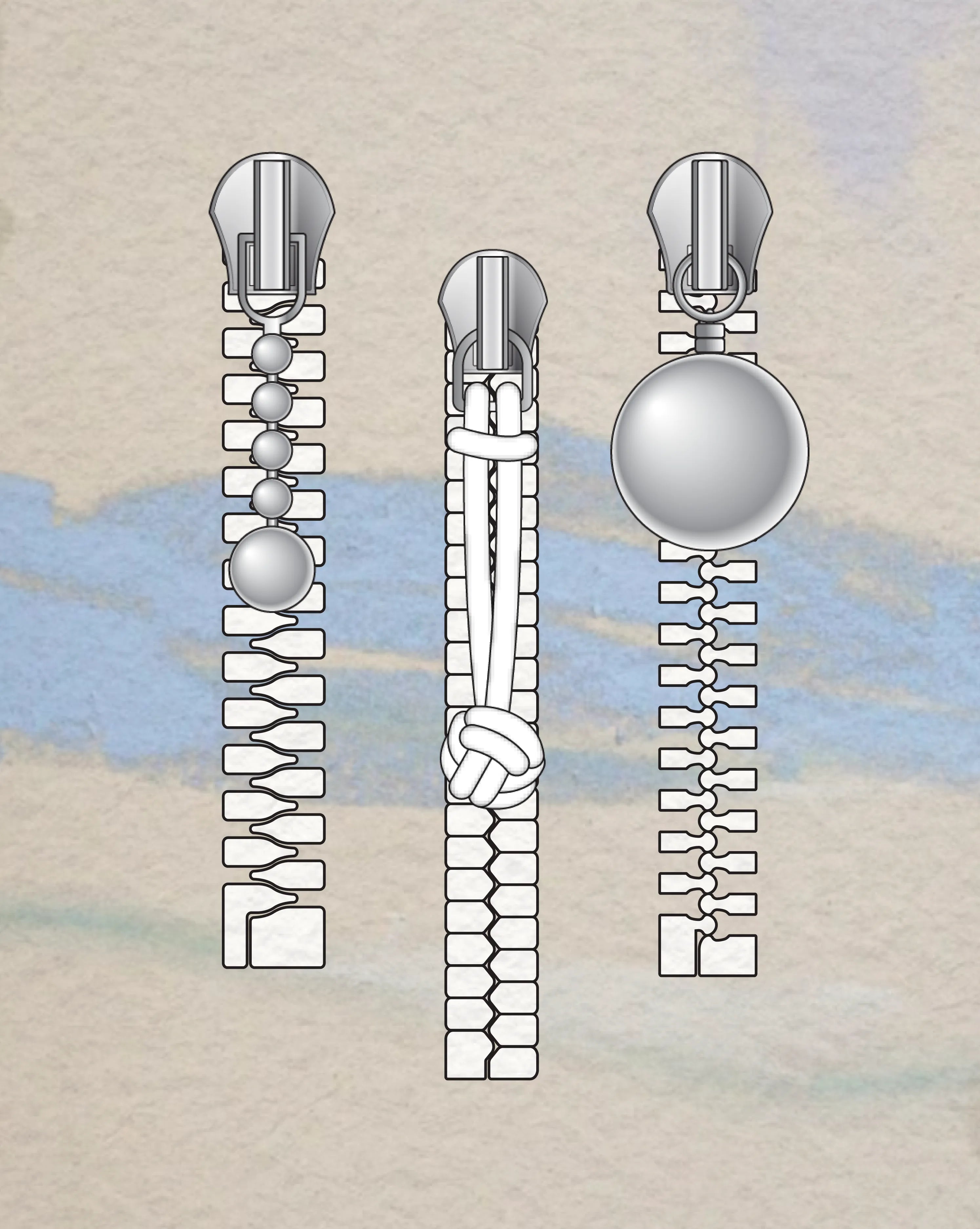 Vector zipper details: metal and plastic zips with pulls for jackets and outerwear
