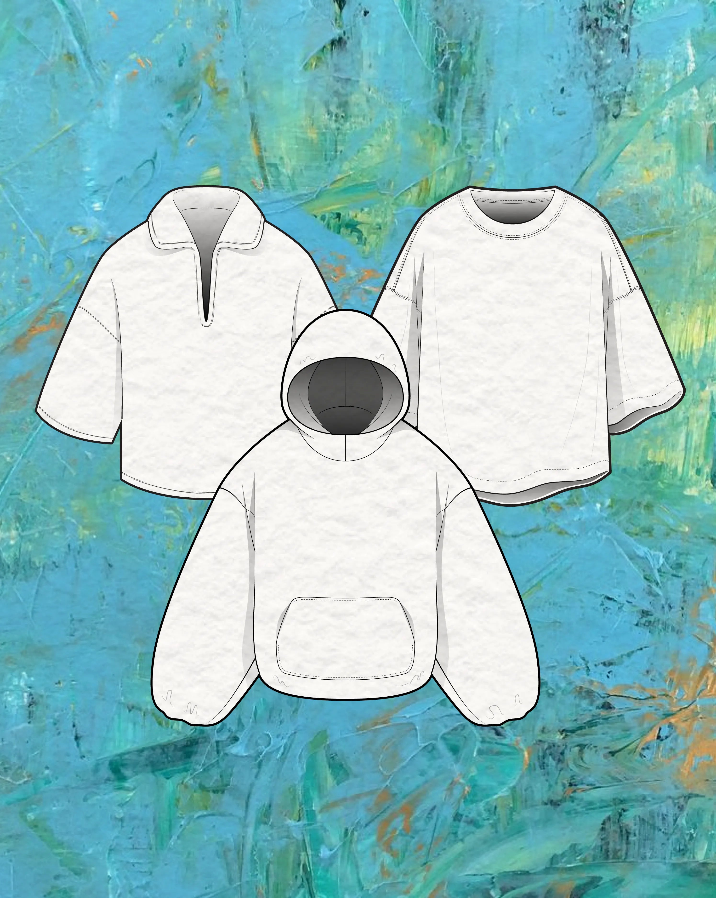 Vector tops mockups: hoodies, t-shirts, sweatshirts and tanks as layered Illustrator templates