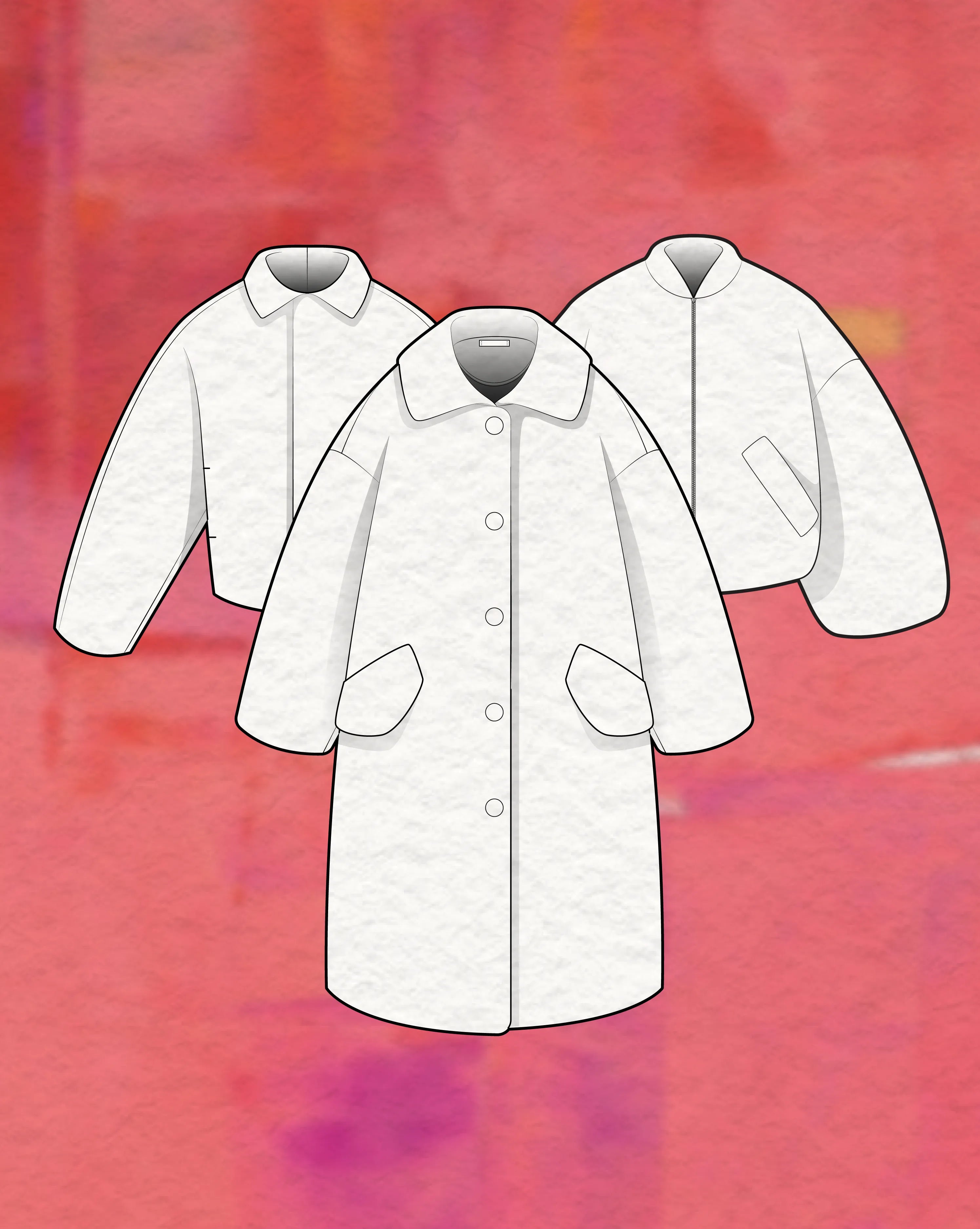 Vector outerwear mockups: jackets, coats, parkas and puffer styles as layered Illustrator templates