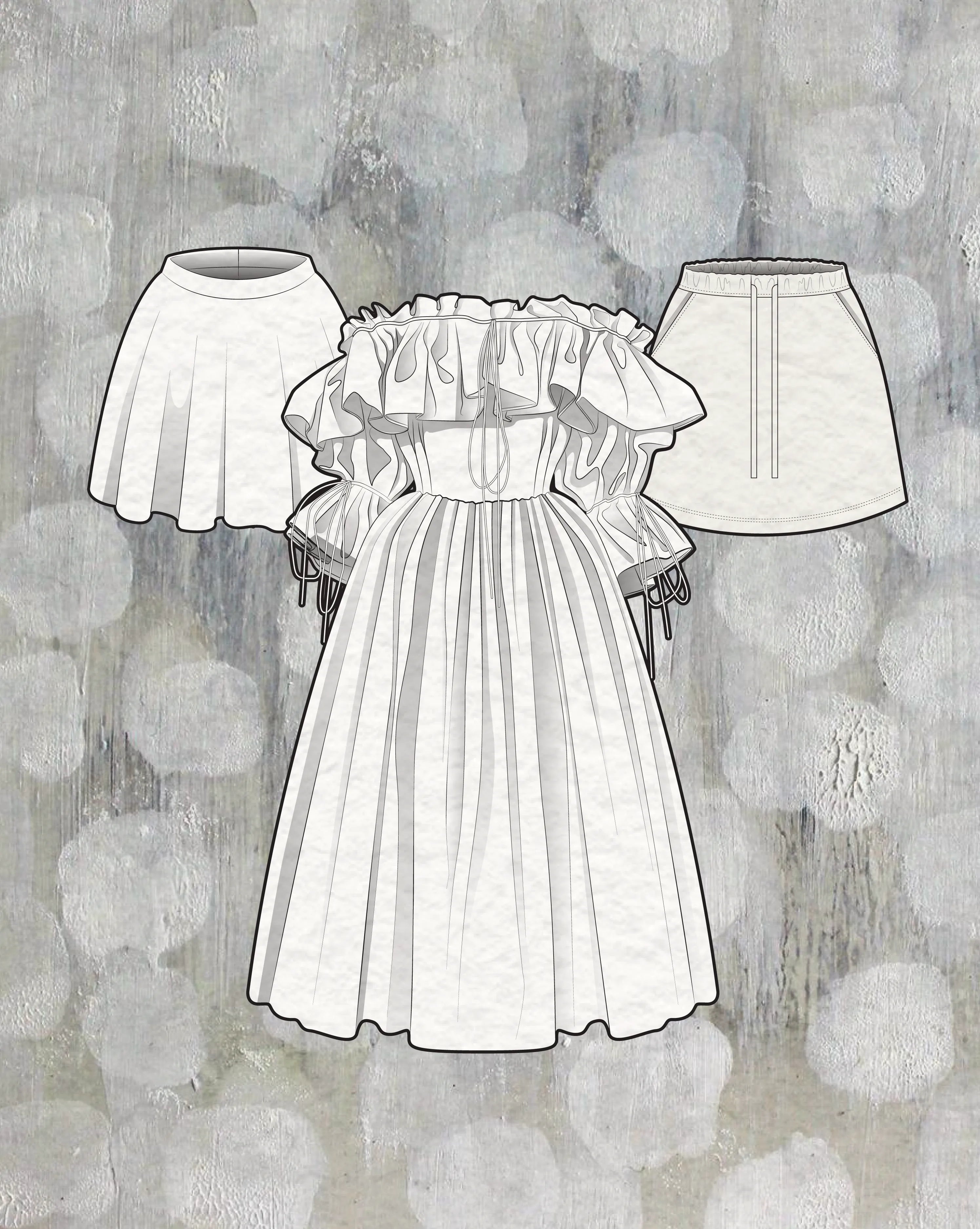 Vector dresses mockups: mini, midi and maxi dress silhouettes as layered Illustrator templates