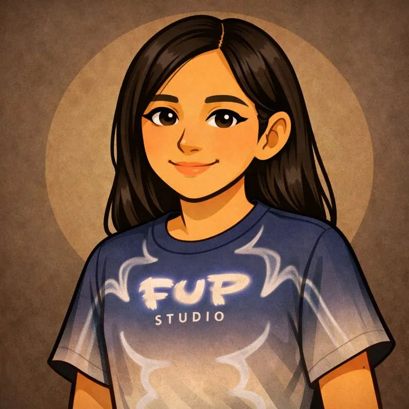 FUPstudio team portrait illustration of Asel, Head Graphic Designer, wearing a FUPstudio t shirt, turns iPad strokes into magic.