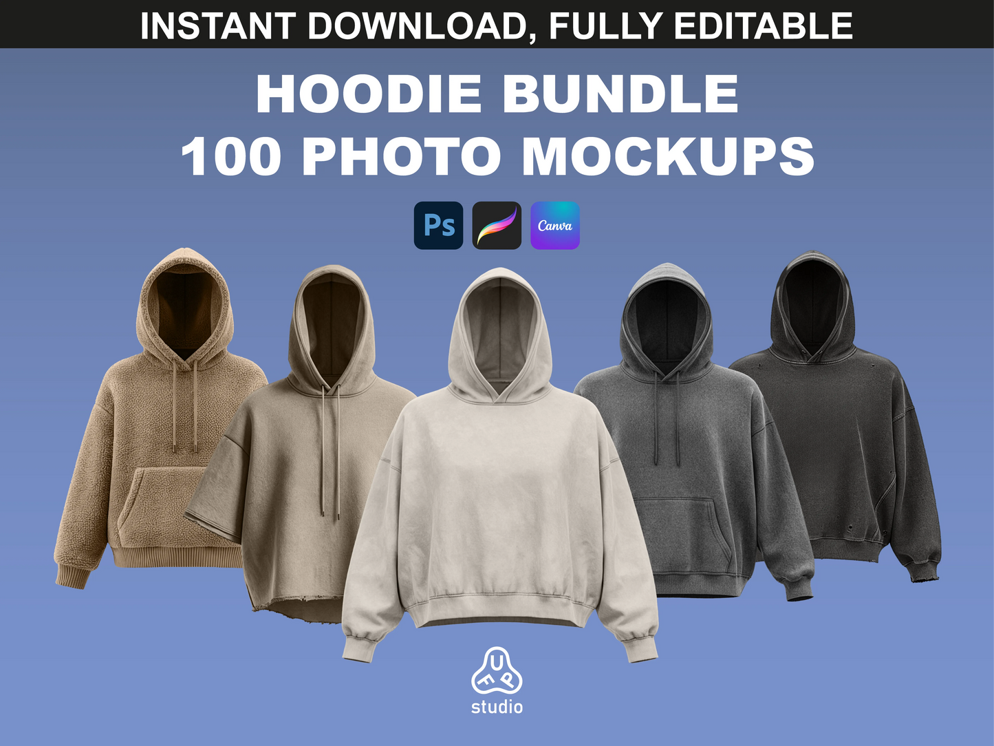 Photo hoodie mockup with streetwear capsule designs, grunge textures and terry details, editable base by FUPstudio