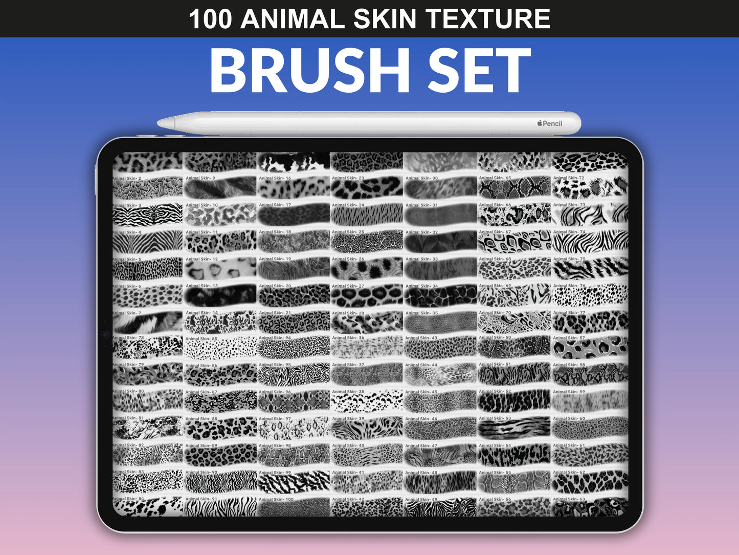 Preview of all animal skin Procreate brushes by fupstudio – 100 high-resolution texture brushes included