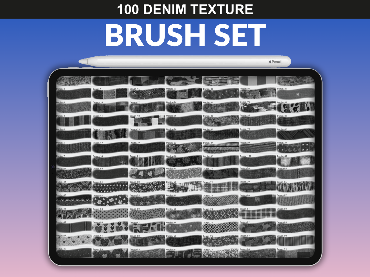 fupstudio overview of Denim Brushes pack showcasing texture variety for Procreate users