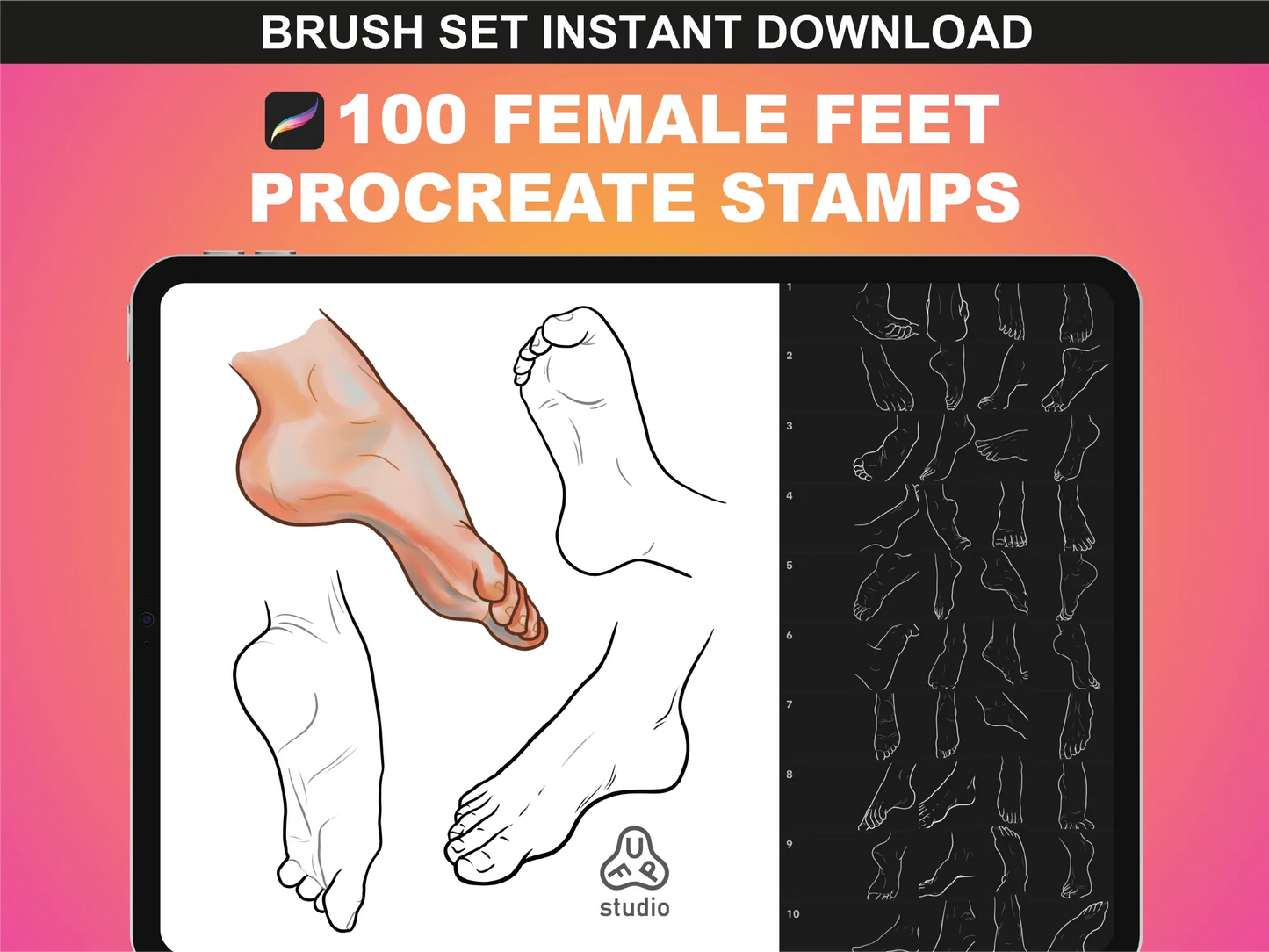 100 Female Feet Procreate Stamps set preview with colored and line art by FUPstudio