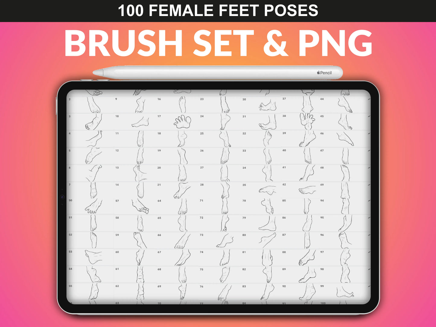 Overview of all 100 Female Feet Poses PNGs on Procreate brush grid by FUPstudio
