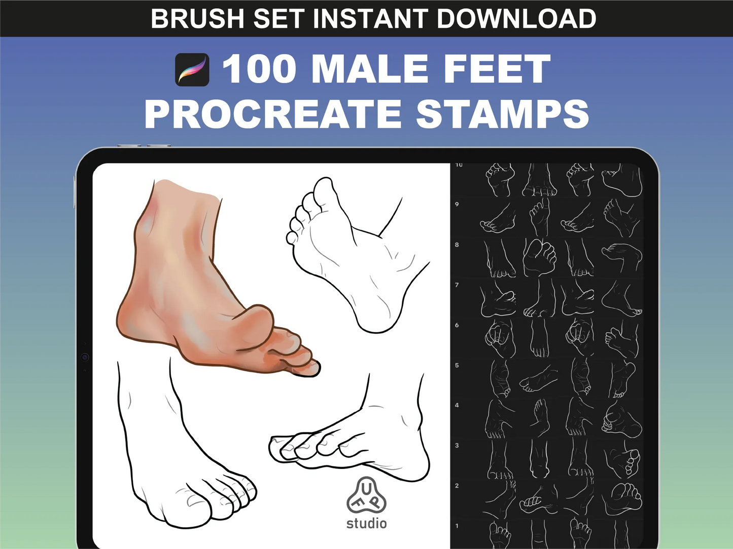 Male feet Procreate stamps preview from FUPstudio with hand drawn foot sketches for anatomy reference