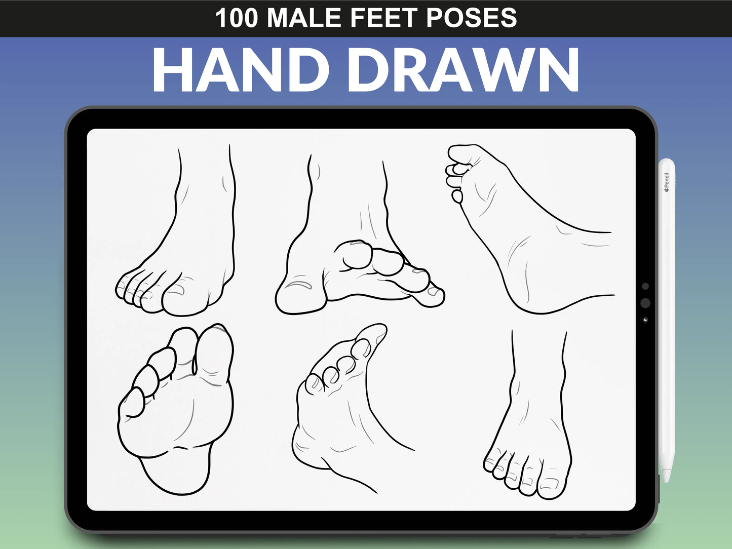 FUPstudio Procreate stamp pack with detailed male feet poses, drawn in different angles