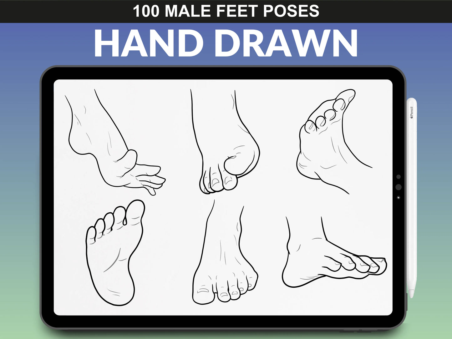 Hand drawn male feet stamps for Procreate from FUPstudio showing various toe and arch positions