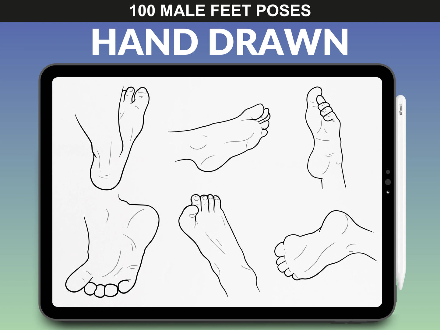 FUPstudio stamp brush pack for Procreate showing 100 male foot poses with clear outlines