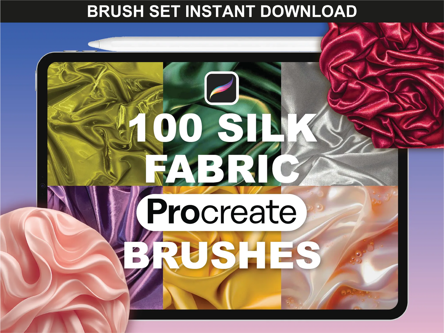 fupstudio Silk Texture Brushes bundle preview with shiny satin folds in various colors for Procreate