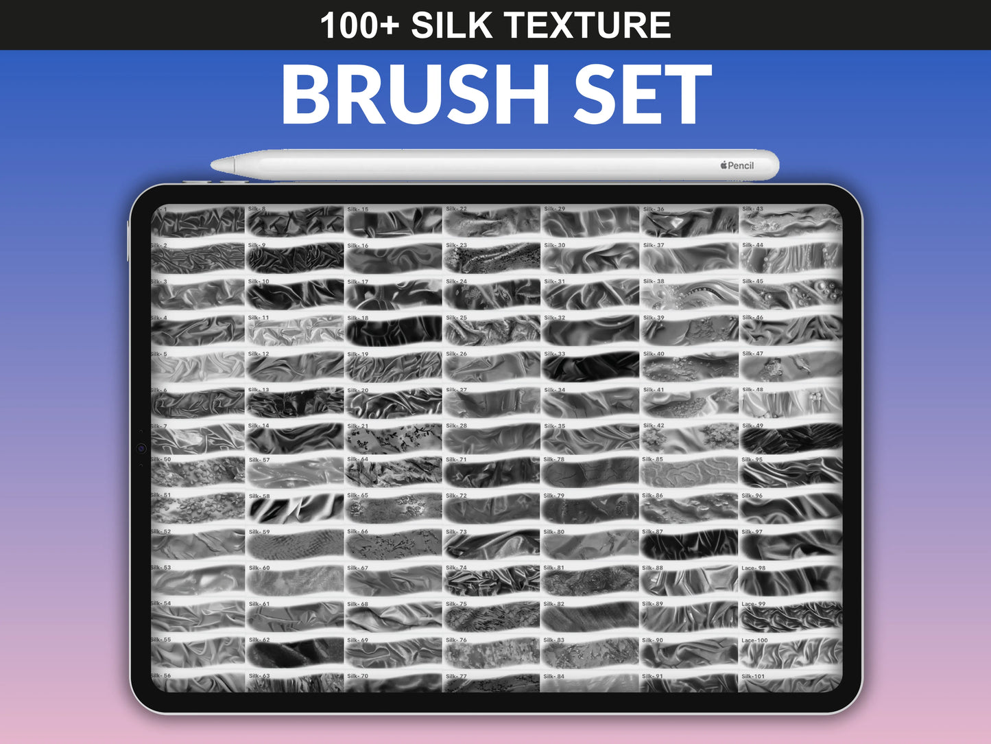 fupstudio Silk Texture Brushes set showing 100+ realistic silk brush previews for Procreate
