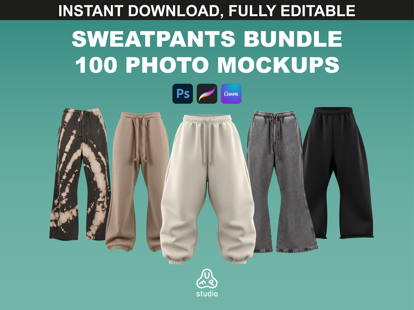 Sweatpants Photo Mockups bundle cover showing 100 realistic sweatpants designs, fully editable for fashion presentations, by FUPstudio