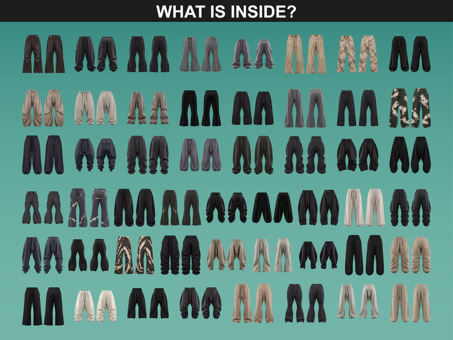 Overview of 100 Sweatpants Photo Mockups featuring multiple fits, colors and styles for streetwear and fashion design, by FUPstudio