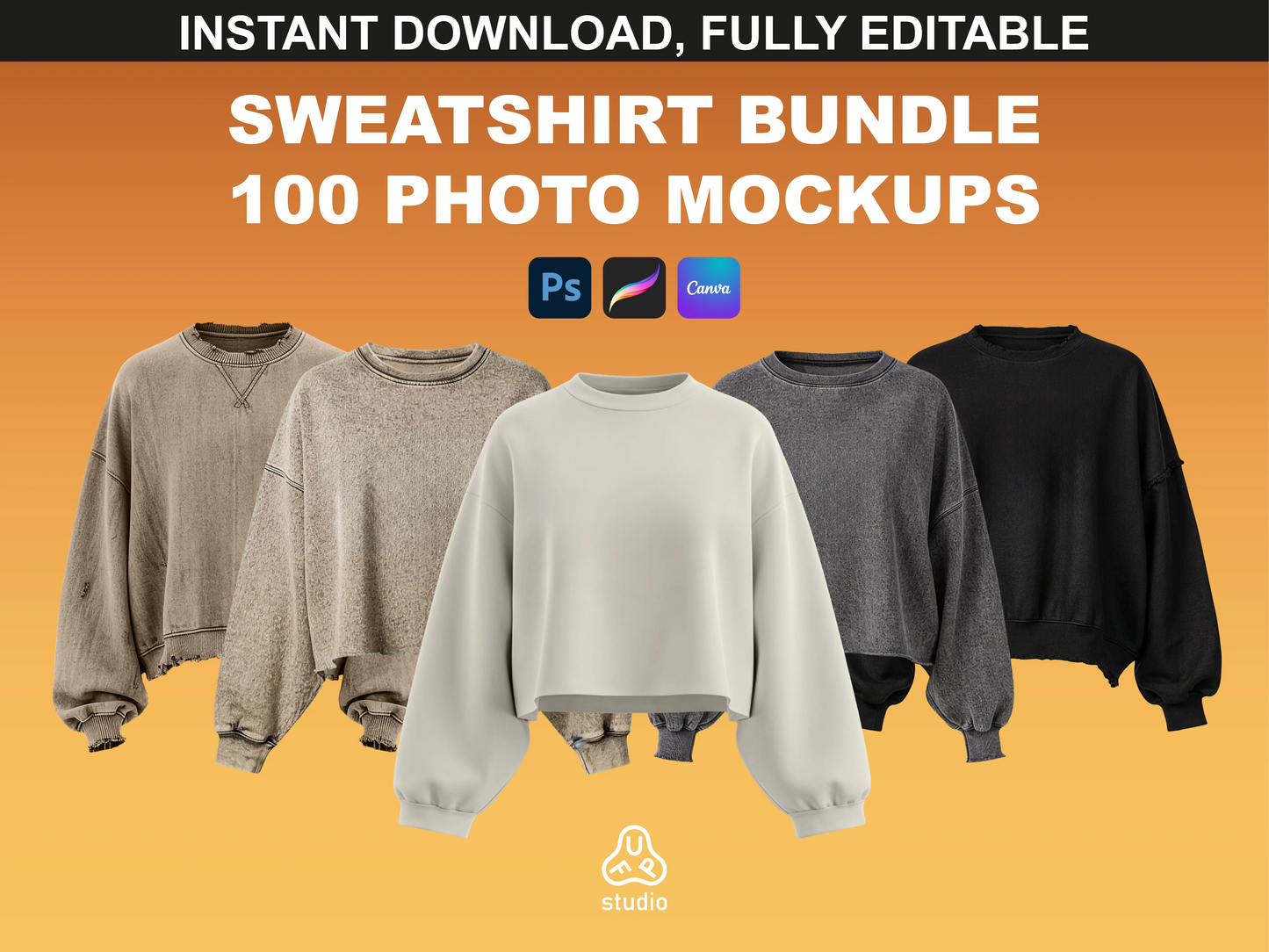 Sweatshirt Photo Mockups bundle cover showing 100 photorealistic sweatshirt designs, instant download and fully editable, by FUPstudio