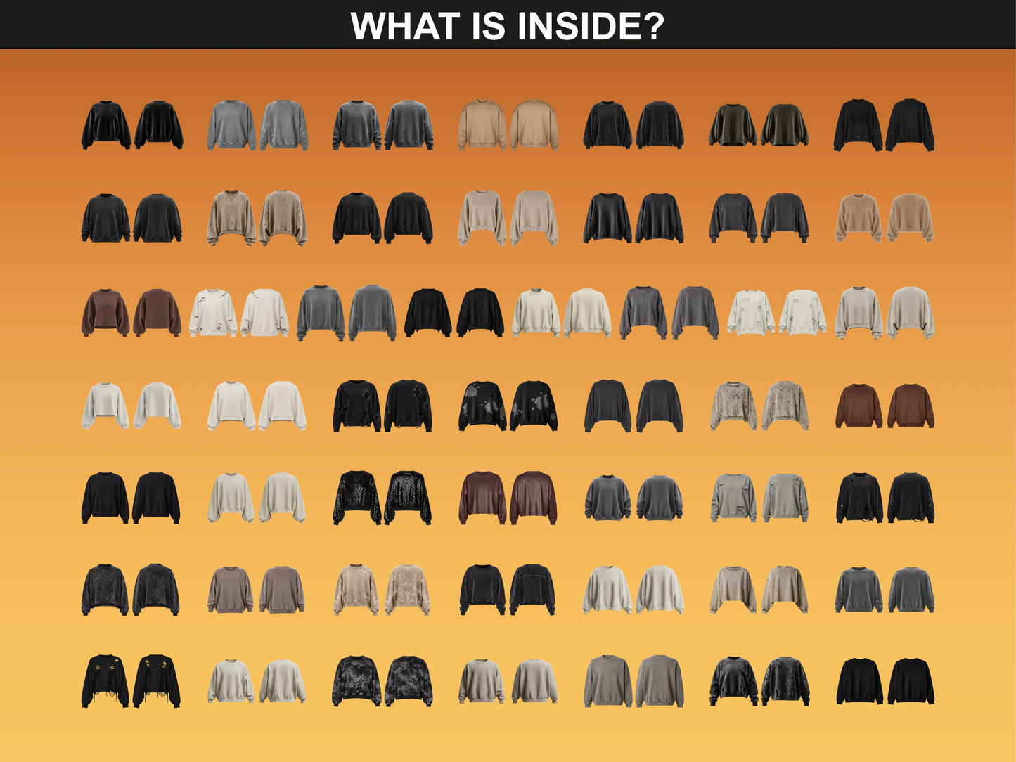 Overview of what’s included in the Sweatshirt Photo Mockups bundle with multiple fits, colors and front back variations, by FUPstudio