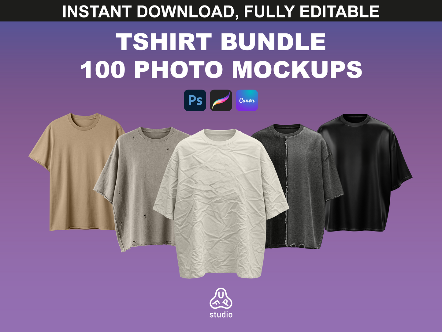 T-Shirt Photo Mockups bundle cover with 100 realistic t-shirt mockups, fully editable for product visuals and branding, by FUPstudio