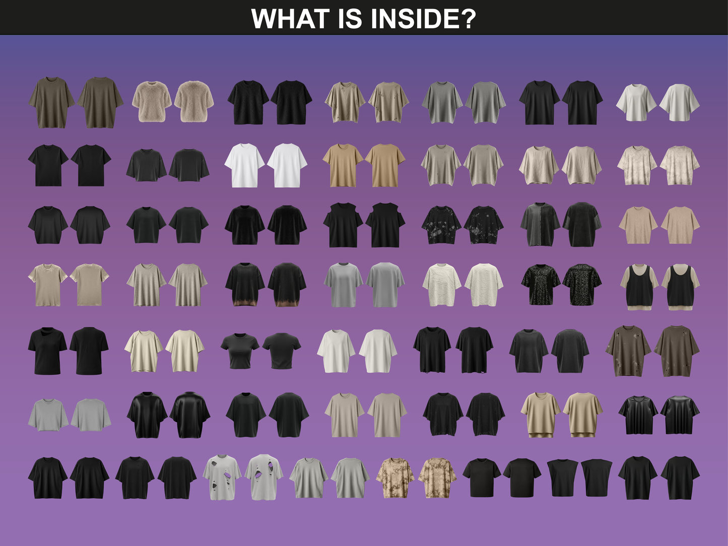 Grid preview of what’s included in T-Shirt Photo Mockups, multiple t-shirt styles and colors for fashion design and streetwear, by FUPstudio