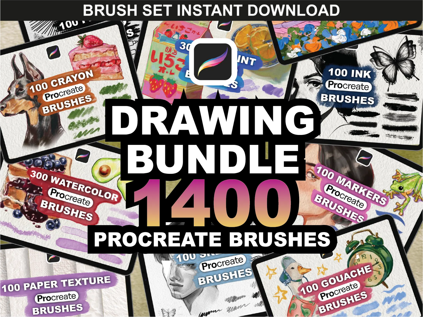 Drawing Procreate Brushes mega drawing bundle cover, 1400 Procreate brushes shown in collage, instant download by FUPstudio