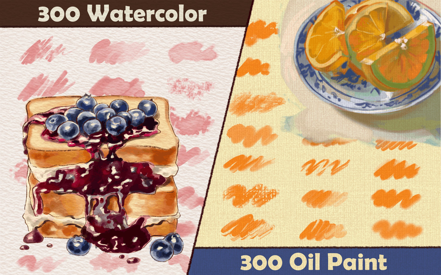 FUPstudio 1400 Drawing Bundle preview showing 300 Watercolor brushes with a portrait and 300 Oil Paint brushes with a fish illustration