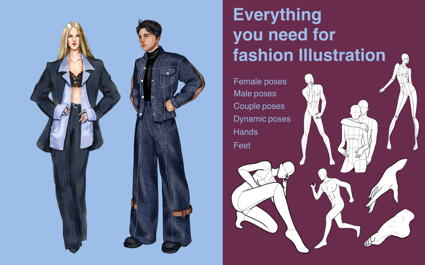 Female and male fashion illustration with body pose stamps from FUPstudio Poses Bundle for Procreate, showcasing dynamic and standing poses