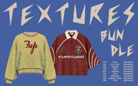 FUPstudio Textures Bundle for Procreate, 1500 hand-drawn texture brushes with yellow knit sweater and burgundy varsity hoodie, listing the 9 brush categories