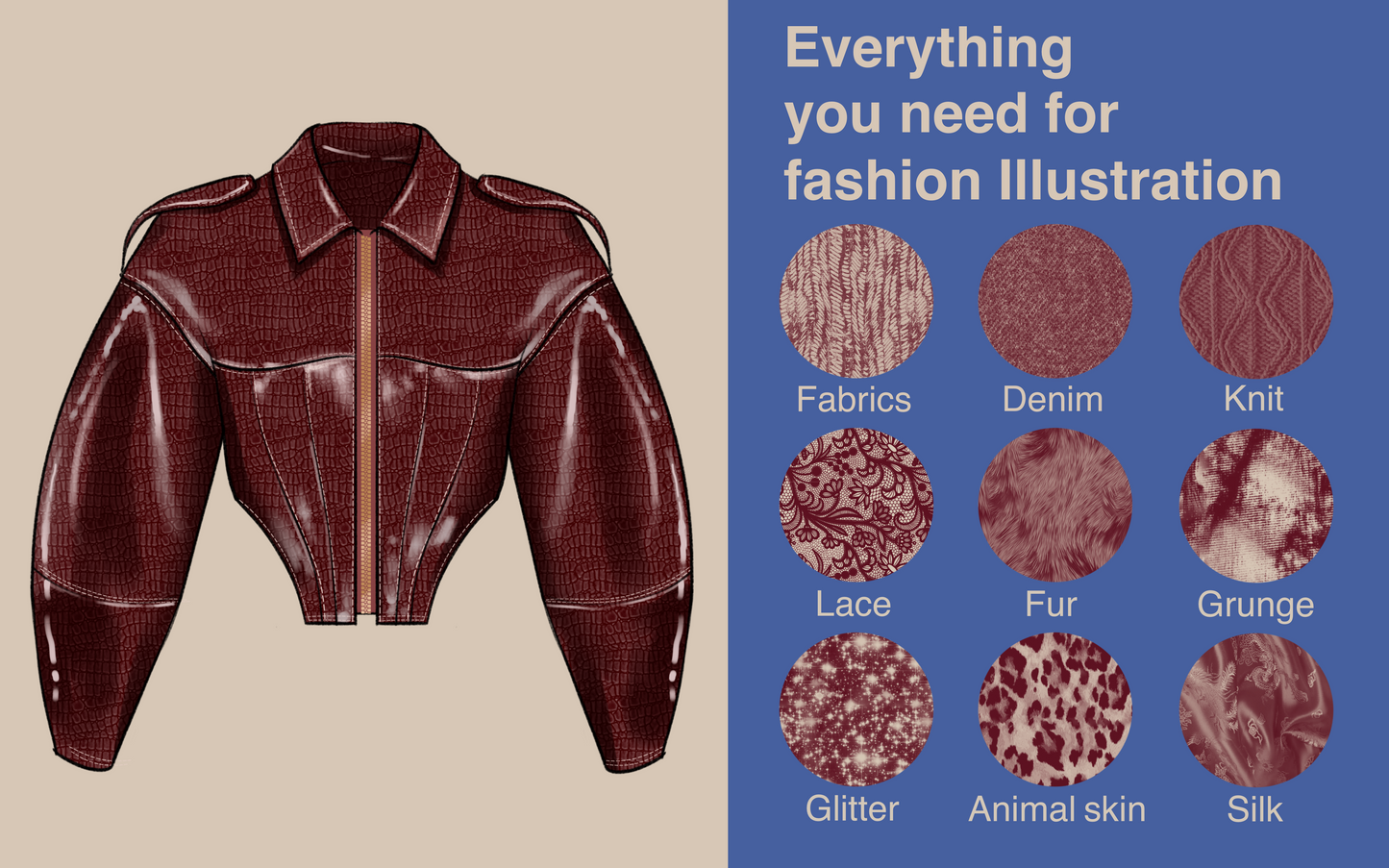 Burgundy leather biker jacket illustration with texture swatches from FUPstudio Textures Bundle, showing fabric, knit, denim, silk, lace, fur, glitter and animal skin