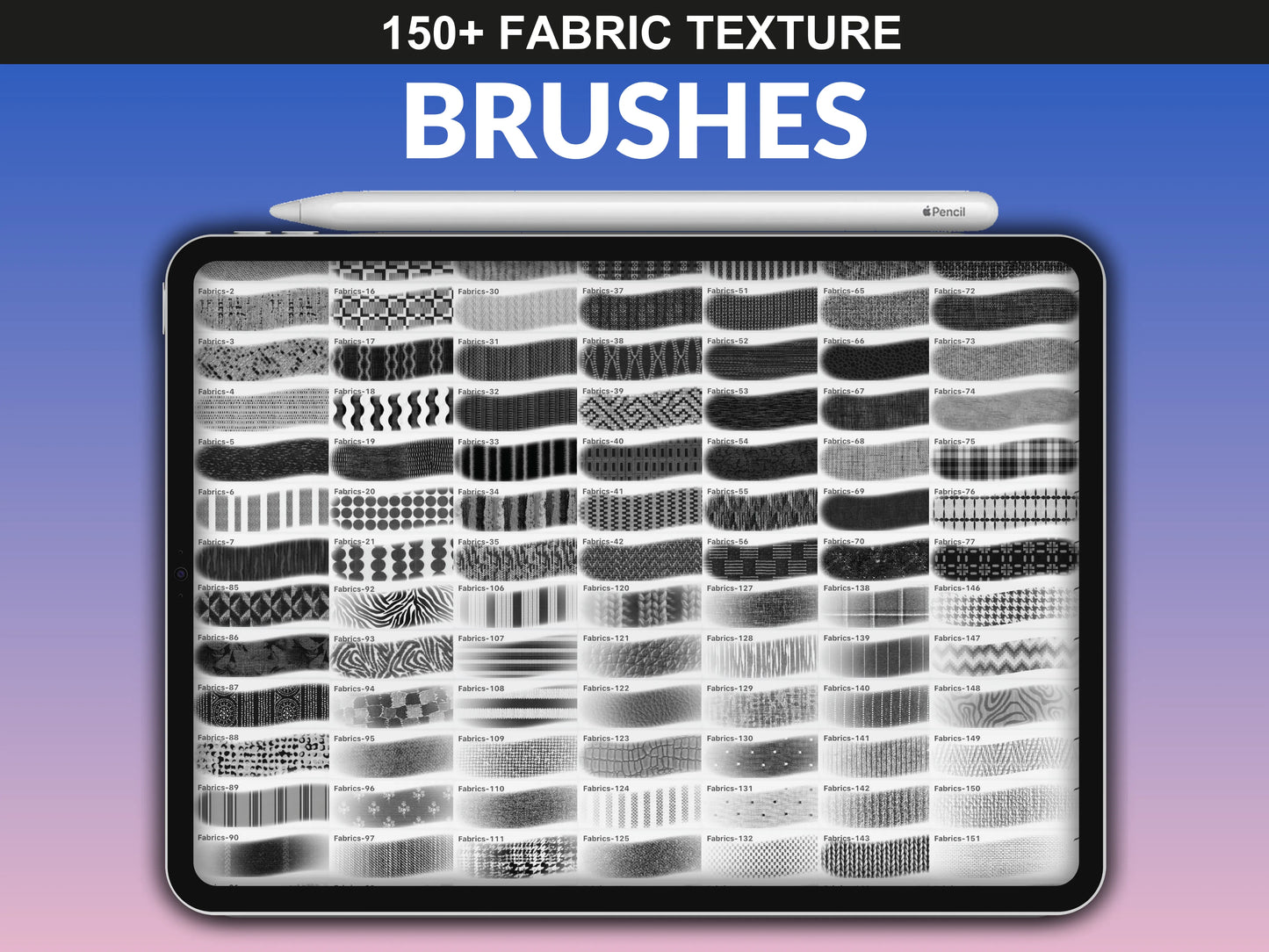 FUPstudio Fabric Brushes – full preview of over 150 Procreate fabric textures on iPad screen