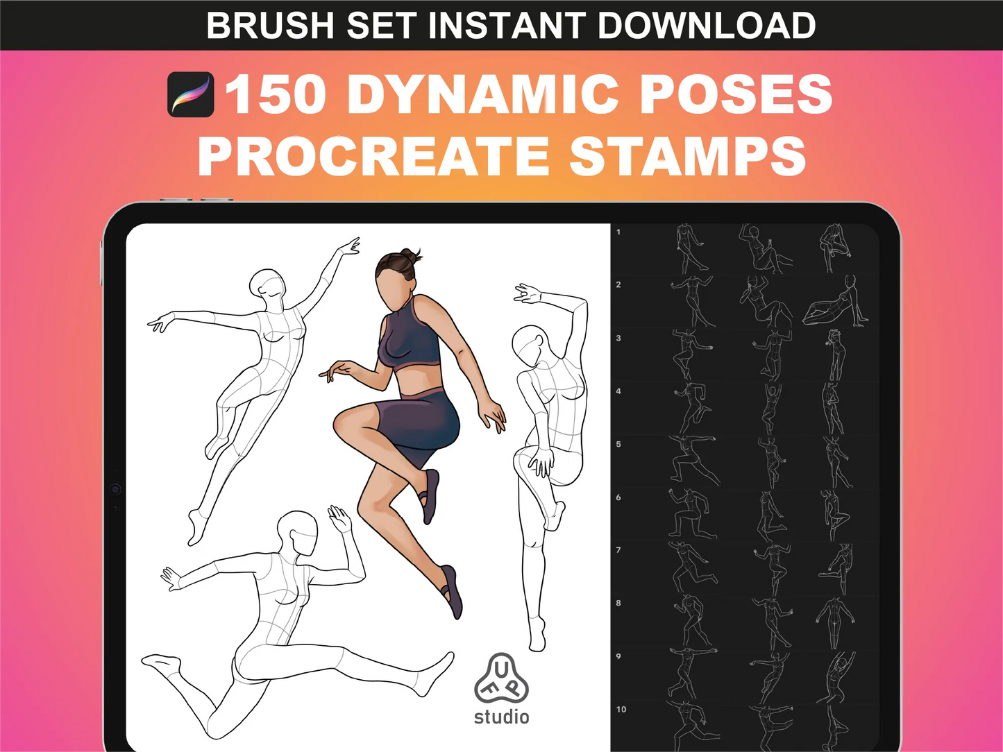 FUPstudio Female Dynamic Poses Procreate brush set with 150 hand-drawn action stamps preview