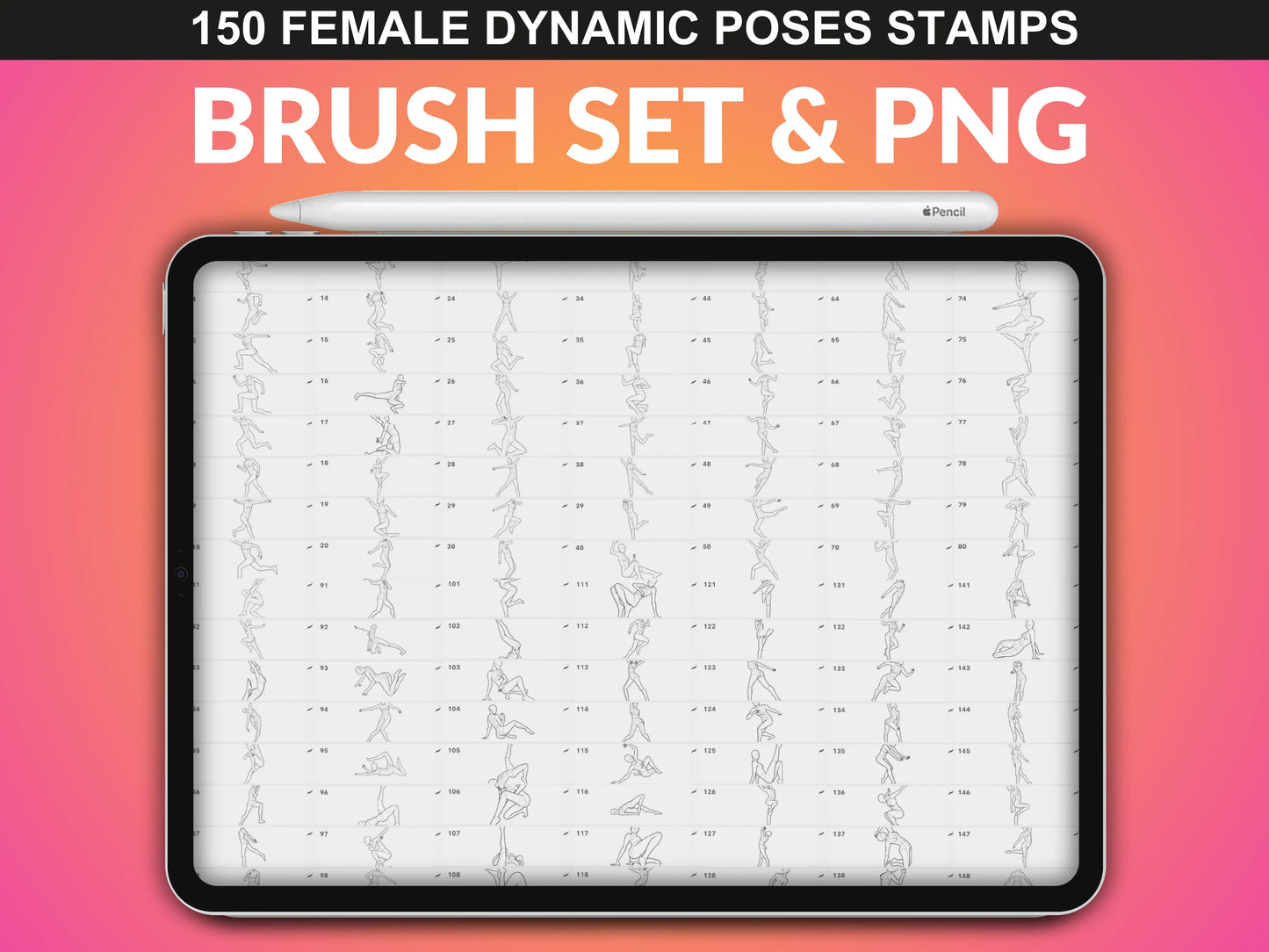 Brush and PNG preview of 150 FUPstudio Female Dynamic Poses for Procreate drawing and design