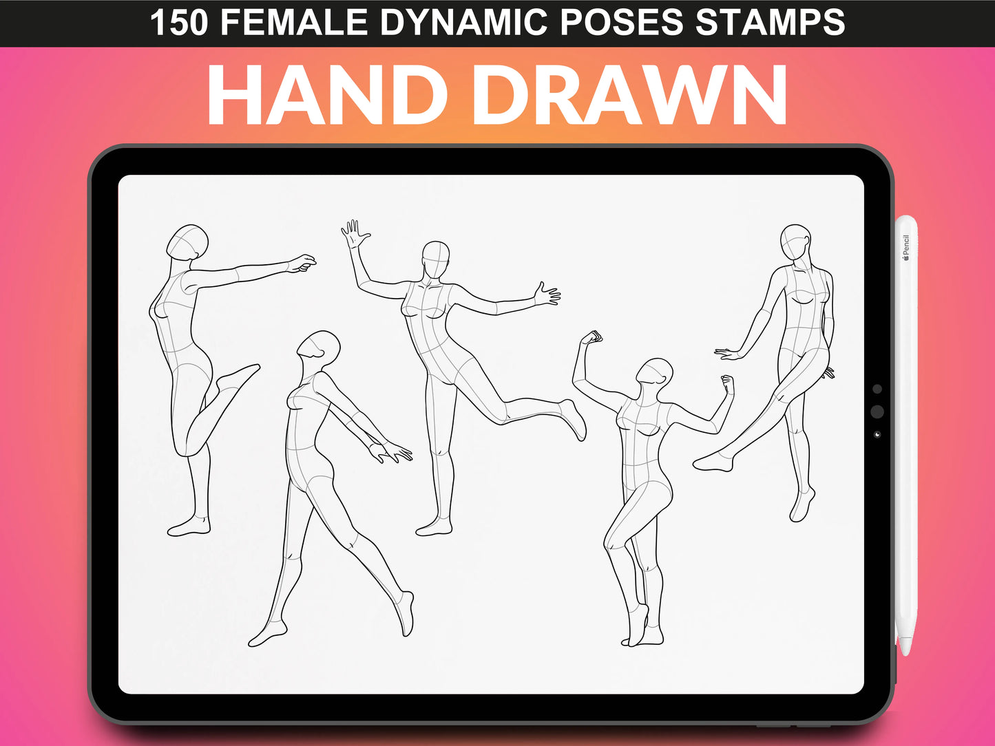 Running, stretching, jumping female sketches – FUPstudio Female Dynamic Poses Procreate bundle