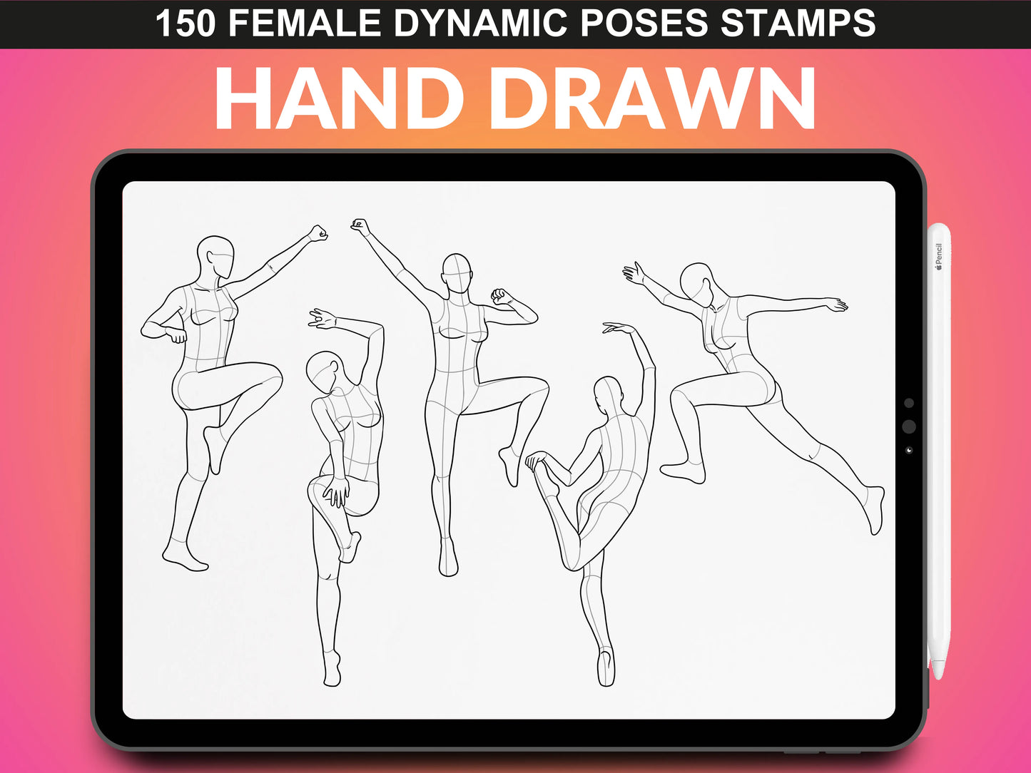 FUPstudio Female Dynamic Poses featuring athletic jumping and motion sketches for Procreate