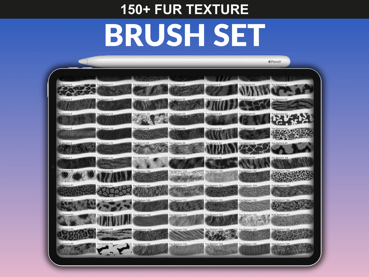 FUPstudio Fur Texture Brushes full brush set overview in black and white grid