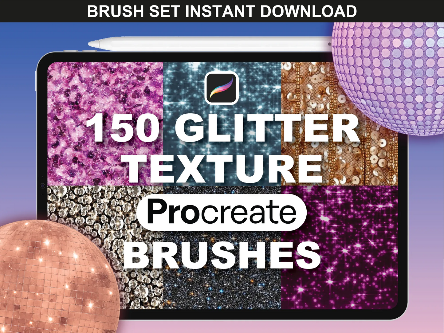fupstudio 150 Glitter Texture Brushes for Procreate - colorful glitter preview for digital designers