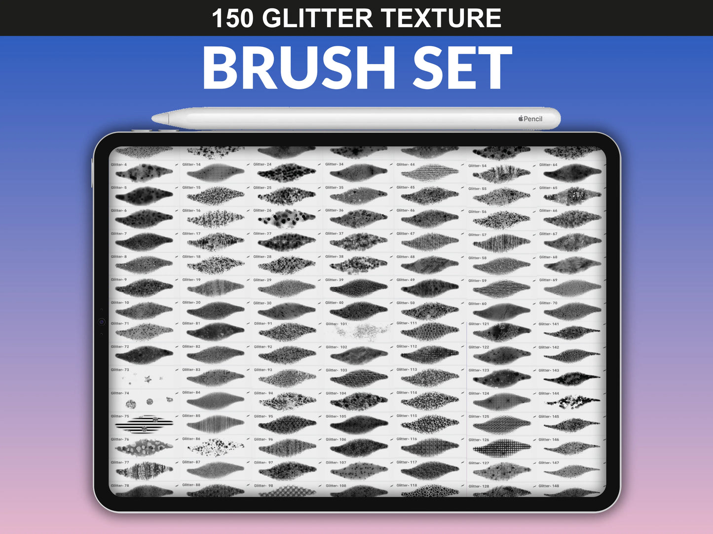 fupstudio complete brush library of 150 Glitter Texture Brushes for Procreate displayed on iPad