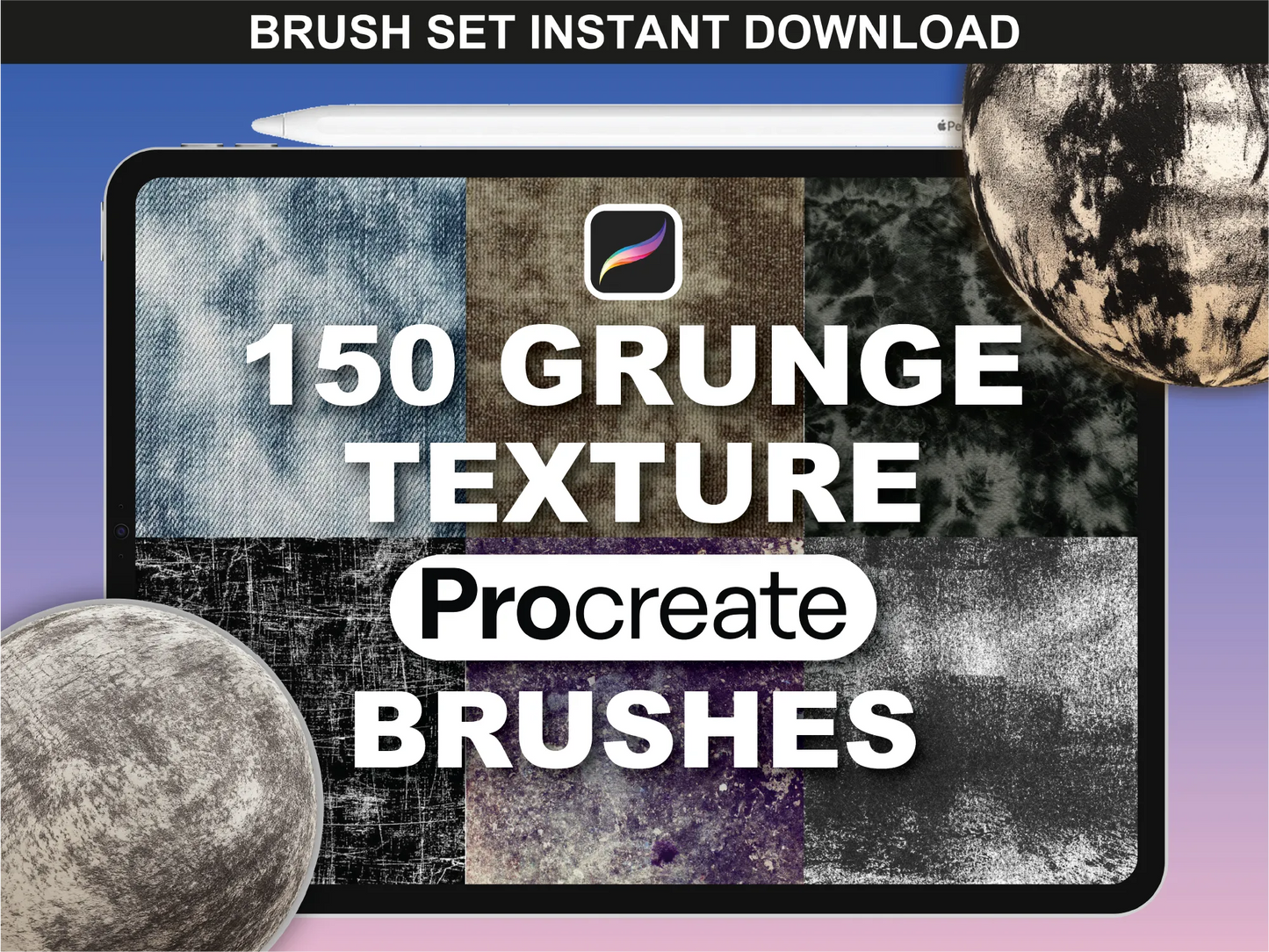 fupstudio Grunge Texture Brushes bundle for Procreate showing bold worn-out fabric surfaces and grunge textures