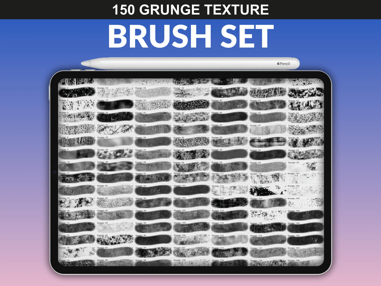 fupstudio Procreate Grunge Texture Brushes preview sheet showcasing all 150 high-resolution textured brush stamps
