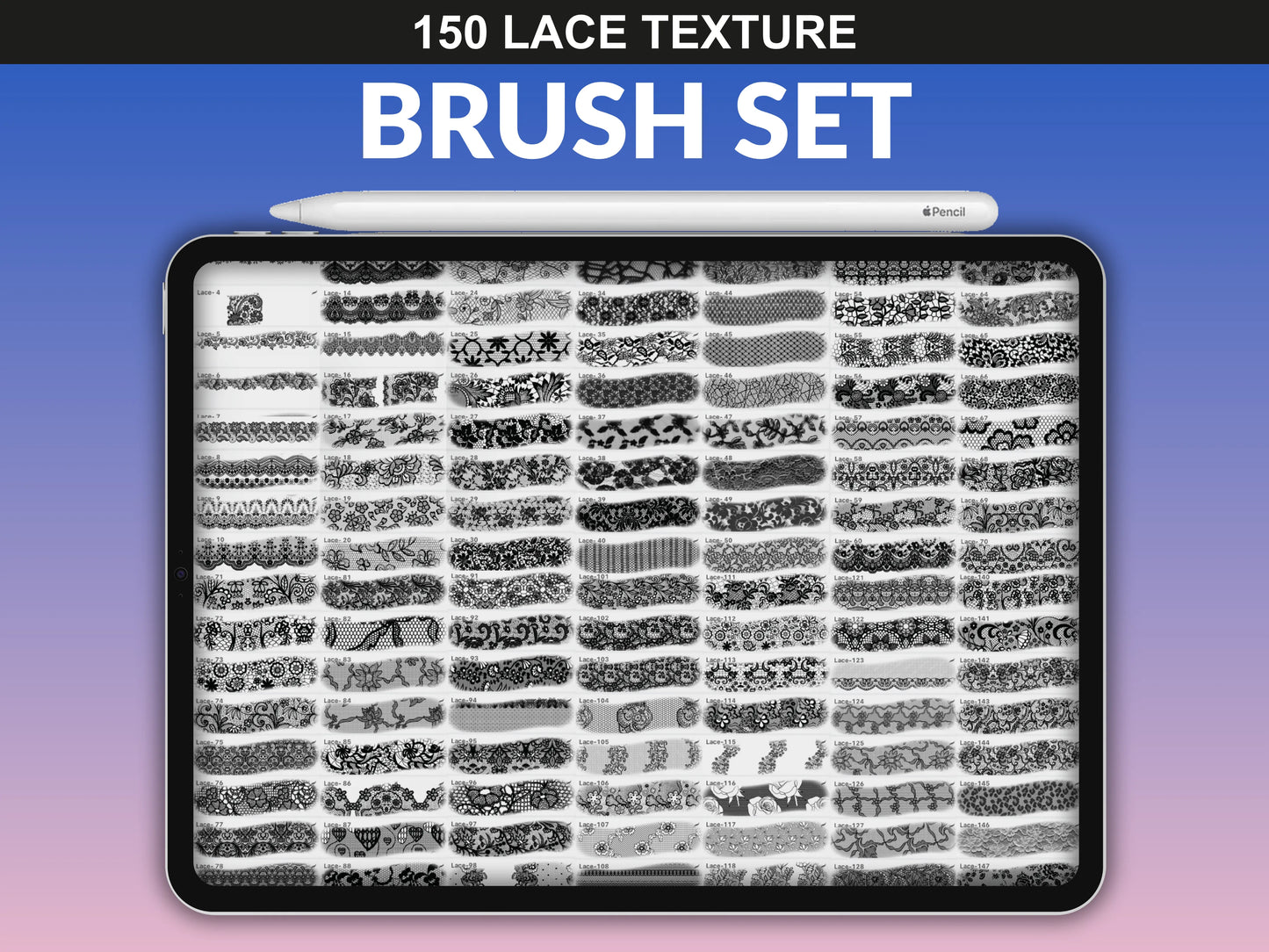 Overview of all 150 Lace Texture Brushes for Procreate by fupstudio - detailed pattern variety