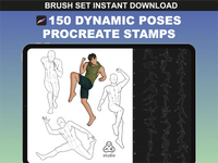 FUPstudio Male Dynamic Poses Procreate brush set preview with 4 hand-drawn stamps and figure silhouettes